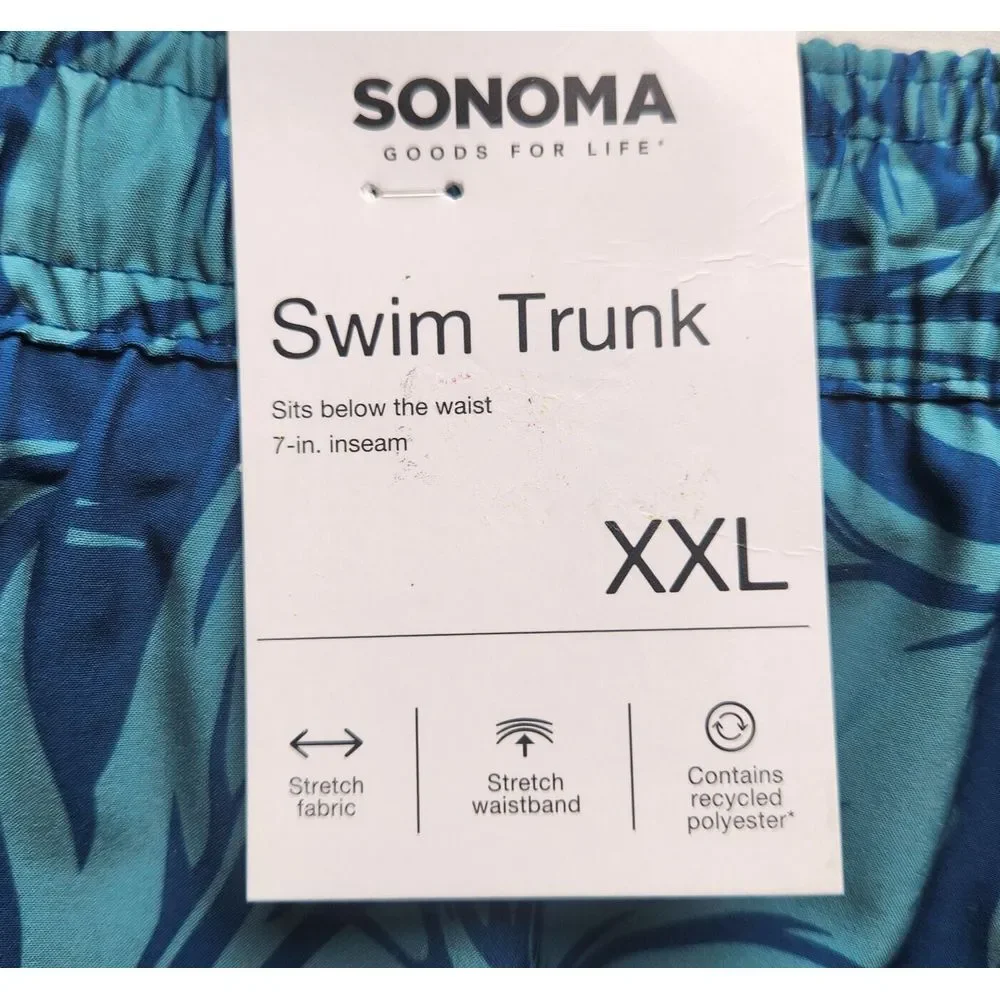 Swim Trunks Blue Tropical Hawaiian Print Elastic Plus Drawstring‎ Size XXL NEW